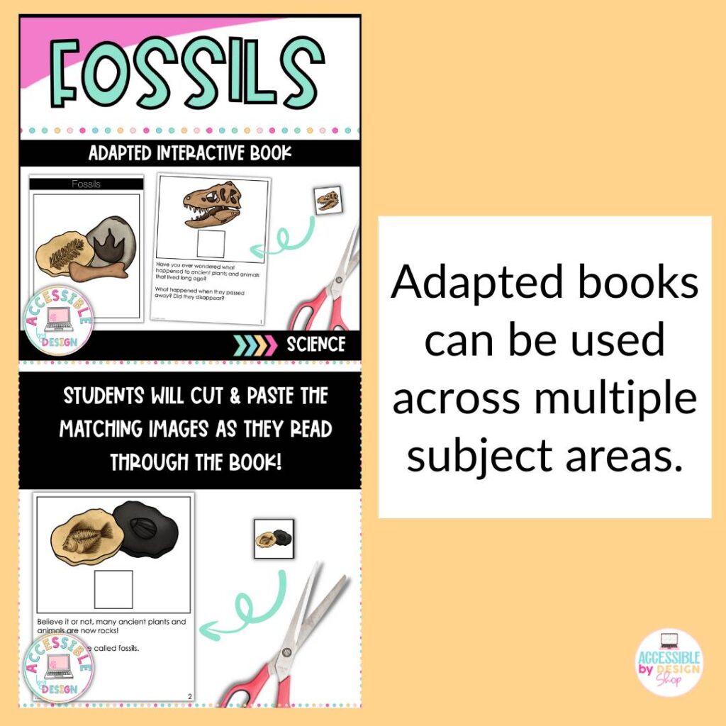 Image features a pull quote that says adapted books for special education can be used across multiple subject areas with an example of an adapted book about fossils.