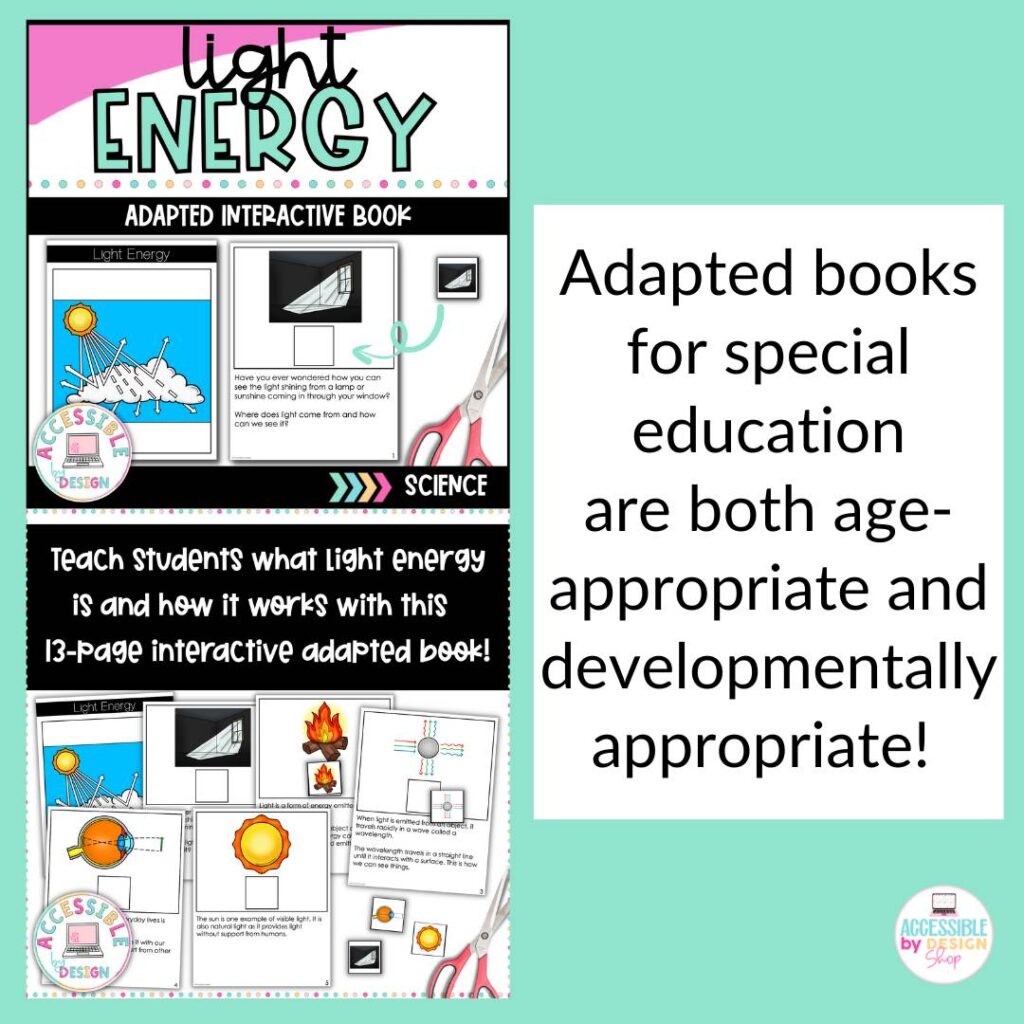 Image features a pull quote that says adapted books for special education are age and developmentally appropriate with an example of an adapted book about light energy.